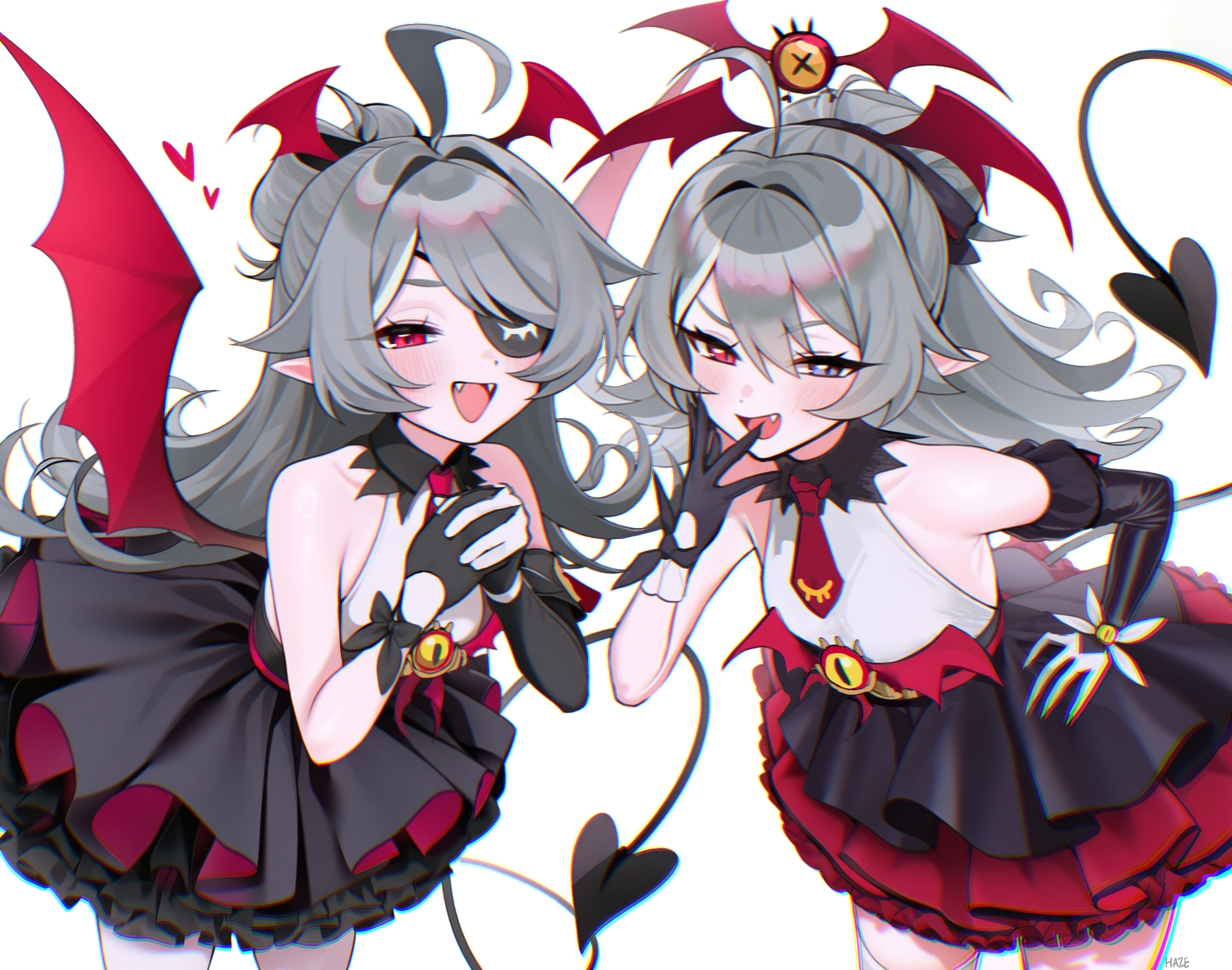 2girls, bicolored_eyes, blush, dress, elbow_gloves, eyepatch, fang, general_geega, gloves, gray_hair, haze_(7h4ze), indie_virtual_youtuber, long_hair, pointed_ears, red_eyes, tail, thighhighs, tie, vampire, white, wings