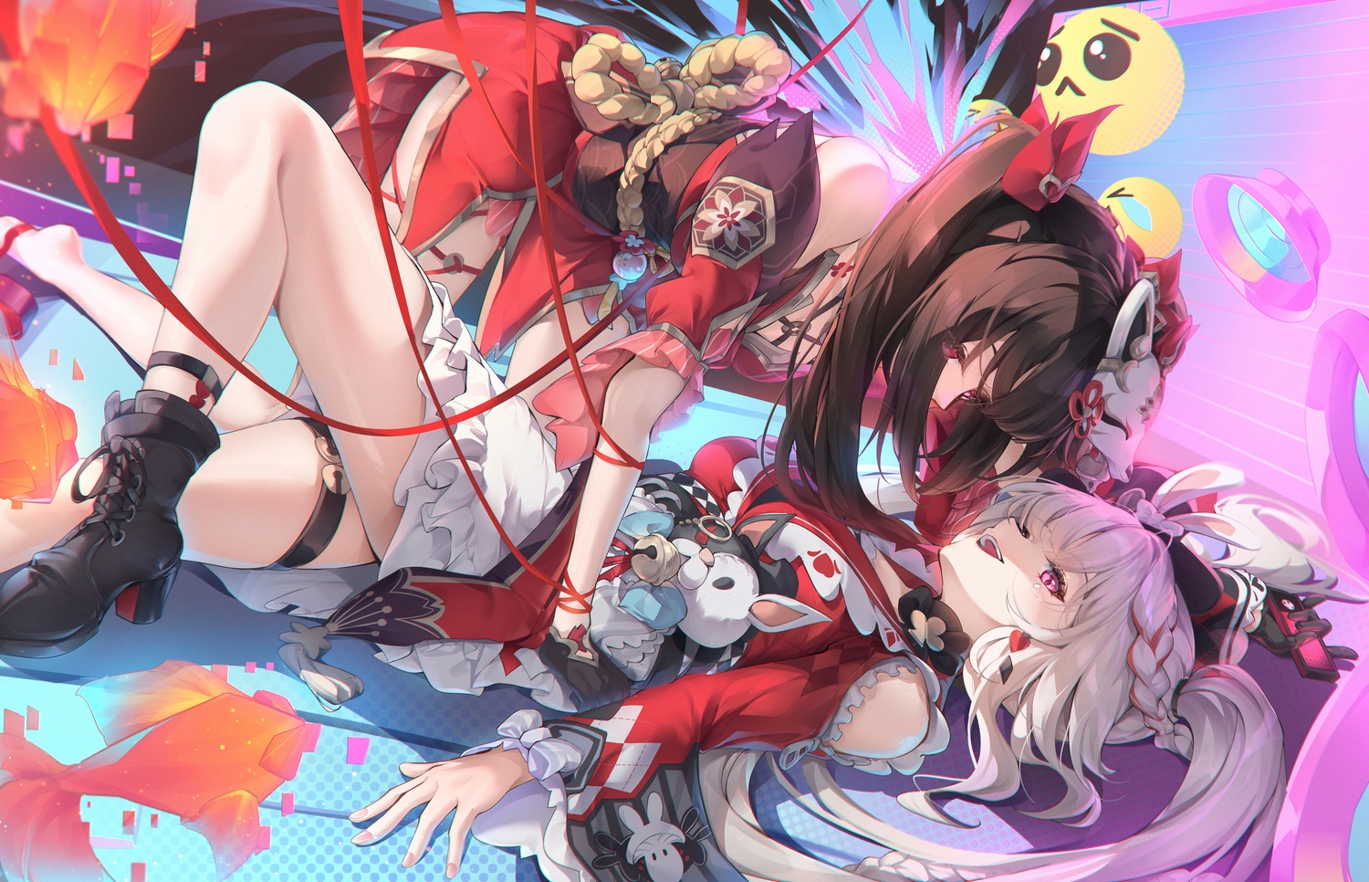 2girls, animal, barefoot, bell, boots, bow, braids, brown_hair