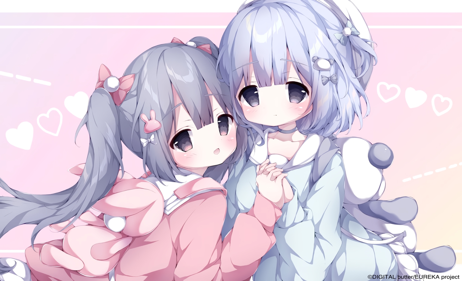 2girls, black_eyes, blush, bow, brown_eyes, choker, close, fang, gray_hair, hamada_pengin, hat, heart, loli, long_hair, original, school_uniform, twintails, watermark