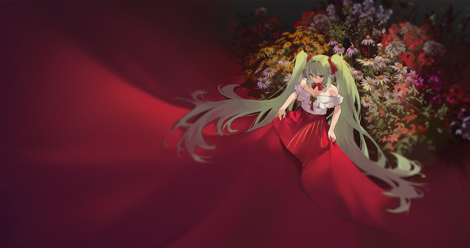 bow, choker, flowers, fr-ee-dom, green_eyes, green_hair, hatsune_miku, long_hair