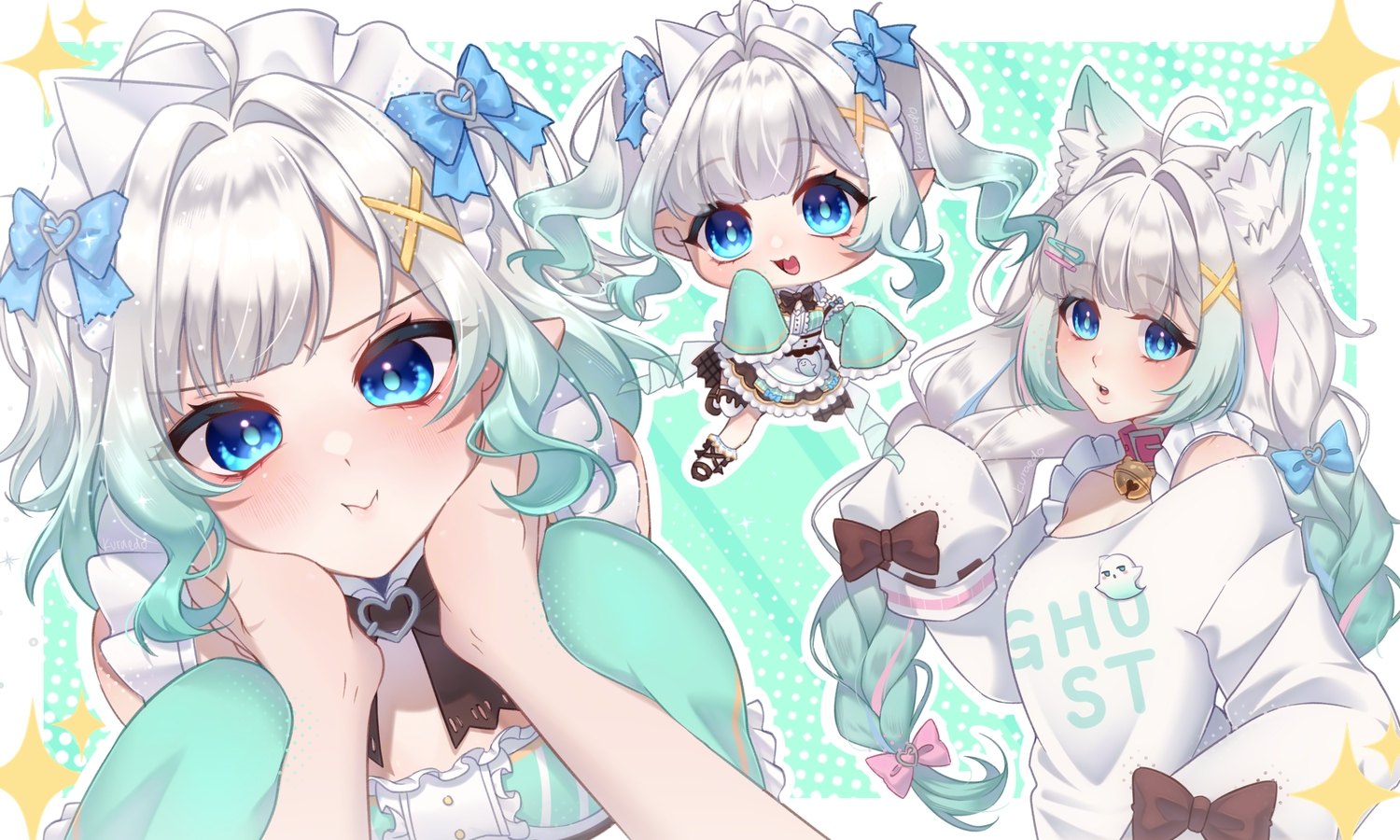 animal_ears, aqua_eyes, bell, blush, bow, braids, catgirl, chibi, choker, collar, gray_hair, headband, indie_virtual_youtuber, kuraedo, long_hair, mint_fantome, signed, twintails