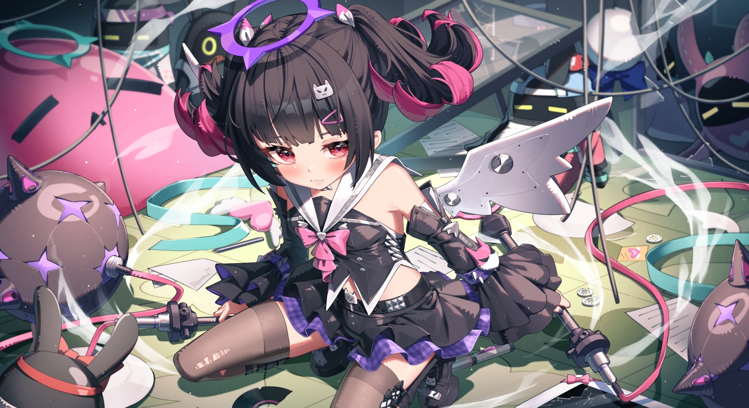 angel, blush, bow, brown_hair, cat_smile, halo, loli, long_hair