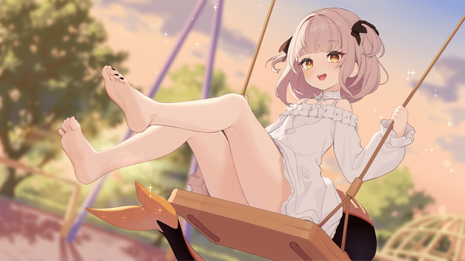 aliasing, azur_lane, barefoot, bow, choker, clouds, dress, explorer_(azur_lane)