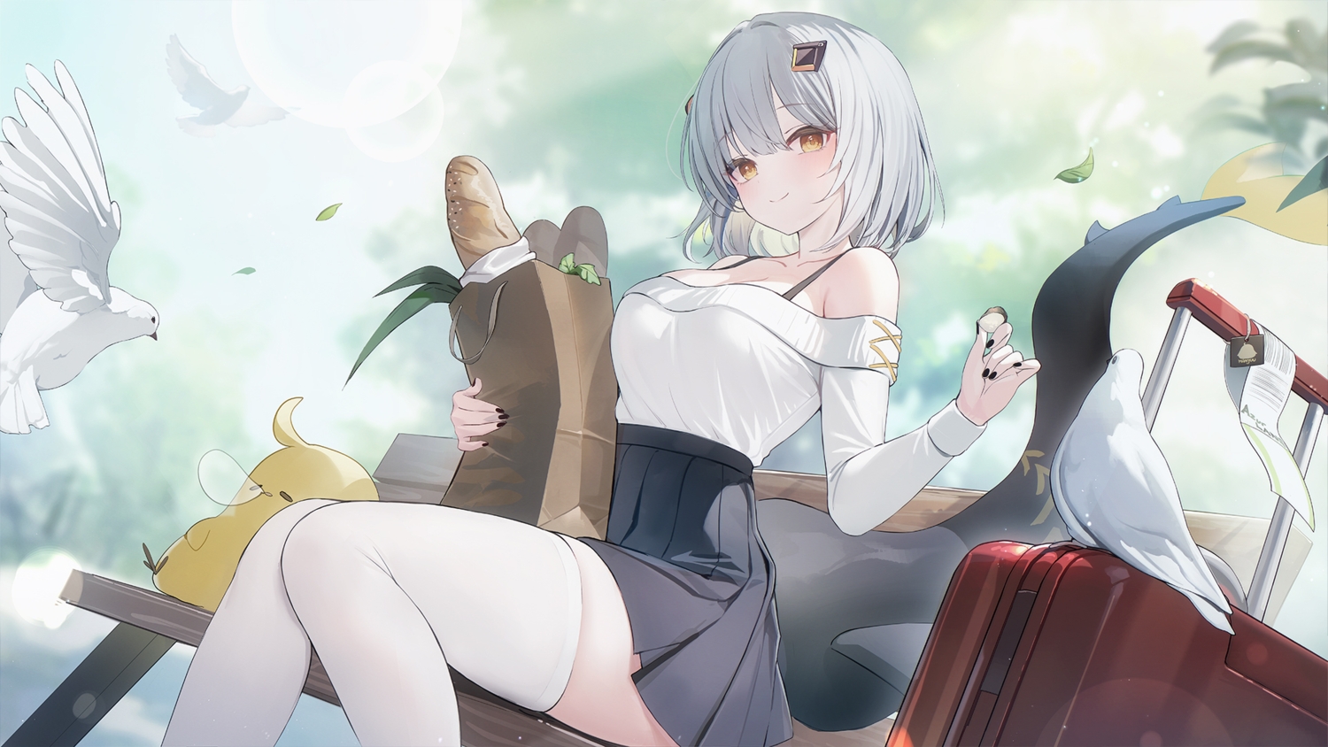 animal, azur_lane, bird, breasts, cleavage, explorer_(azur_lane), food, game_cg, gray_hair, leaves, manjuu_(azur_lane), paper, short_hair, skirt, sleeping, tagme_(artist), thighhighs, yellow_eyes