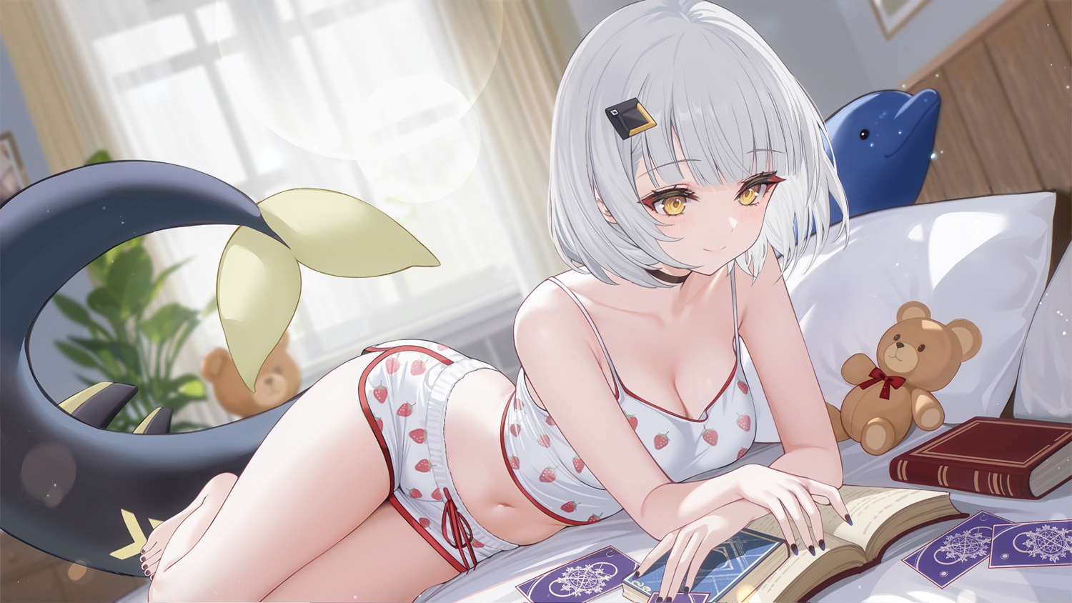 azur_lane, barefoot, bed, blush, book, breasts, choker, cleavage