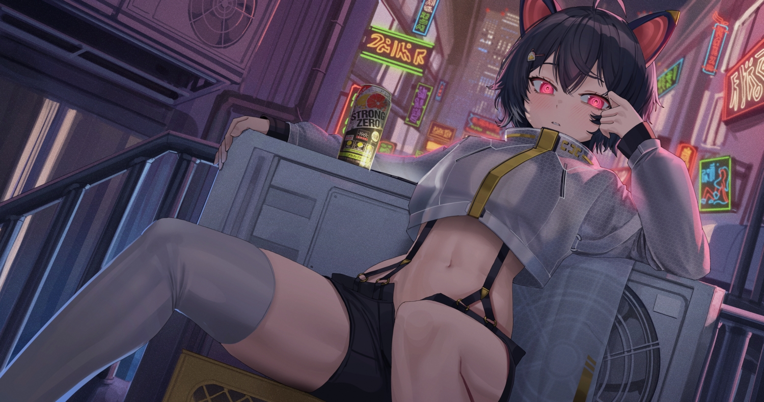 animal_ears, black_hair, blush, building, city, drink, goback, night