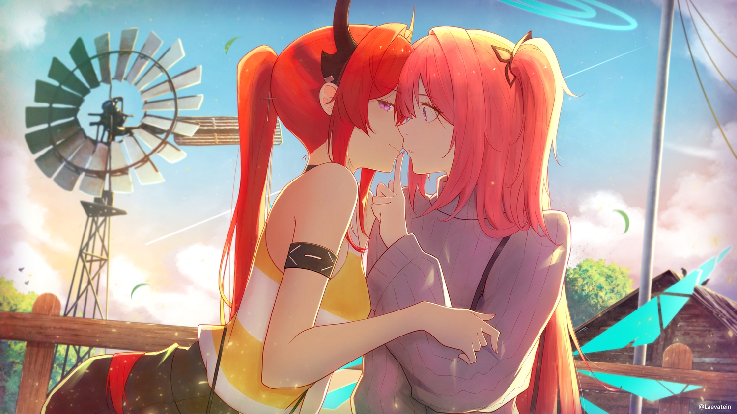 2girls, ambriel_(arknights), arknights, building, close, clouds, halo, horns