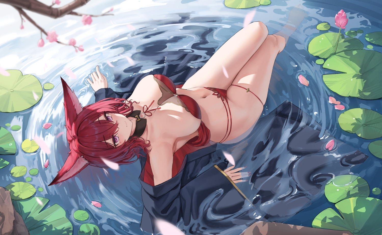 animal_ears, anthropomorphism, azur_lane, breasts, cherry_blossoms, chiyoda_(azur_lane), cleavage, flowers, foxgirl, garter, japanese_clothes, navel, panties, purple_eyes, red_hair, underwear, water, yuhui_ranjin