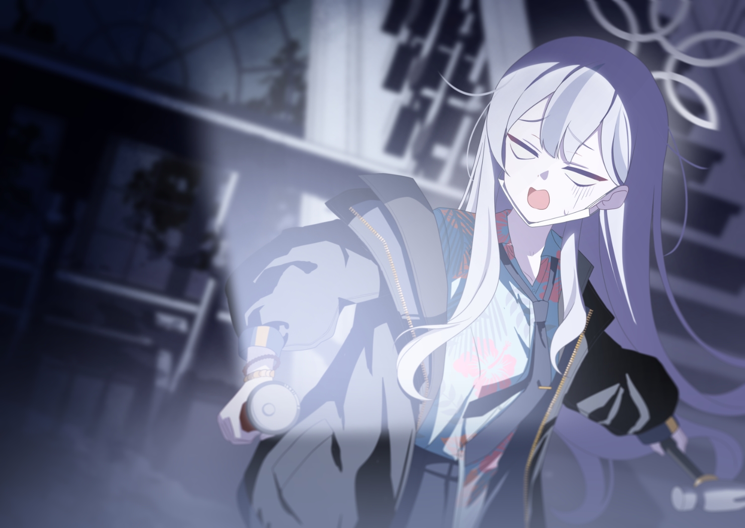 blue_archive, dark, gray_hair, halo, kaerunrun, long_hair, mask, shima_konoka