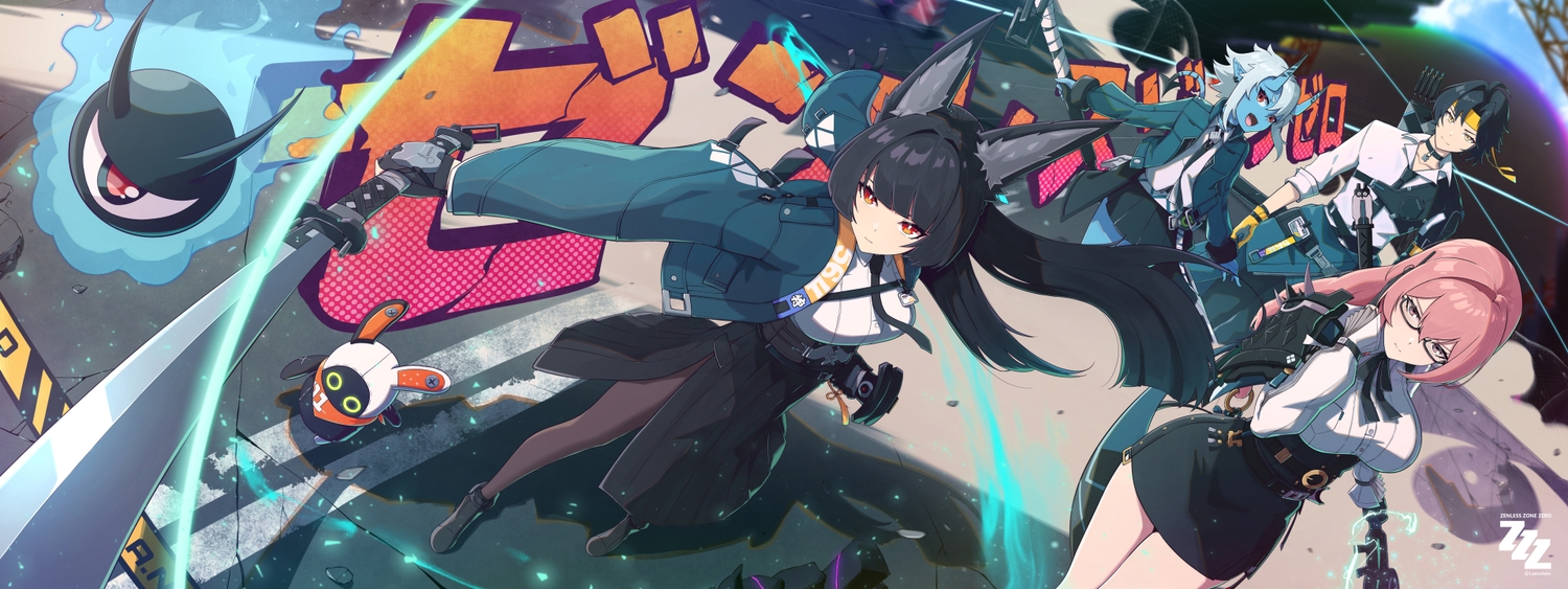 asaba_harumasa, black_hair, choker, foxgirl, glasses, gloves, gray_hair, group