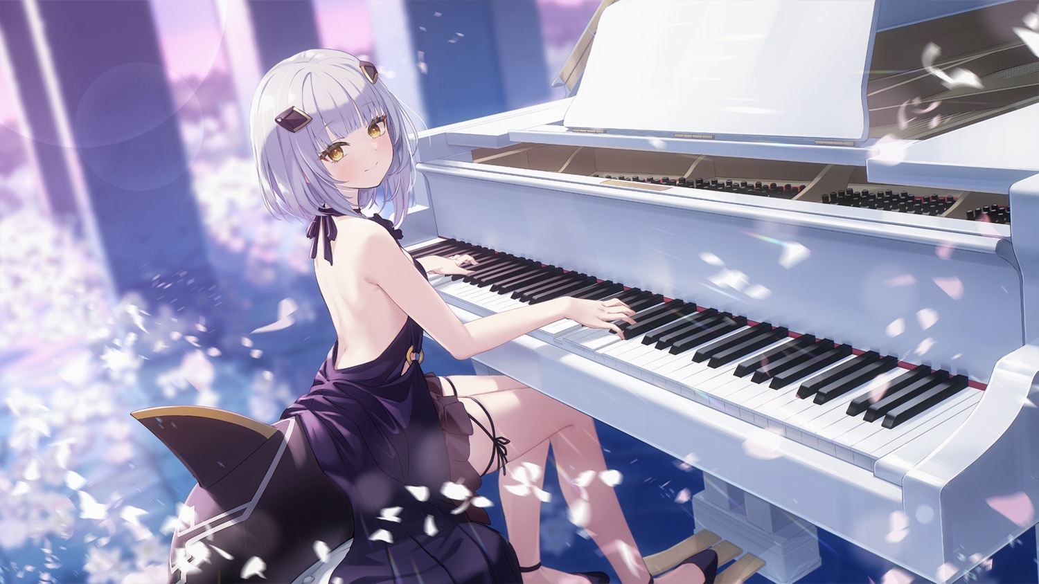 aliasing, azur_lane, dress, explorer_(azur_lane), game_cg, gray_hair, instrument, petals