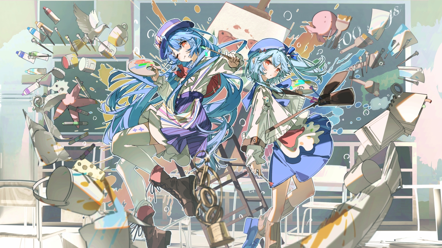 2girls, aliasing, animal, apron, bili_bili_douga, bili_girl_22, bili_girl_33, bird, blue_hair, blush, boots, bow, coomlee, hat, long_hair, orange_eyes, ponytail, red_eyes, shirt, sketch, skirt, thighhighs, wink