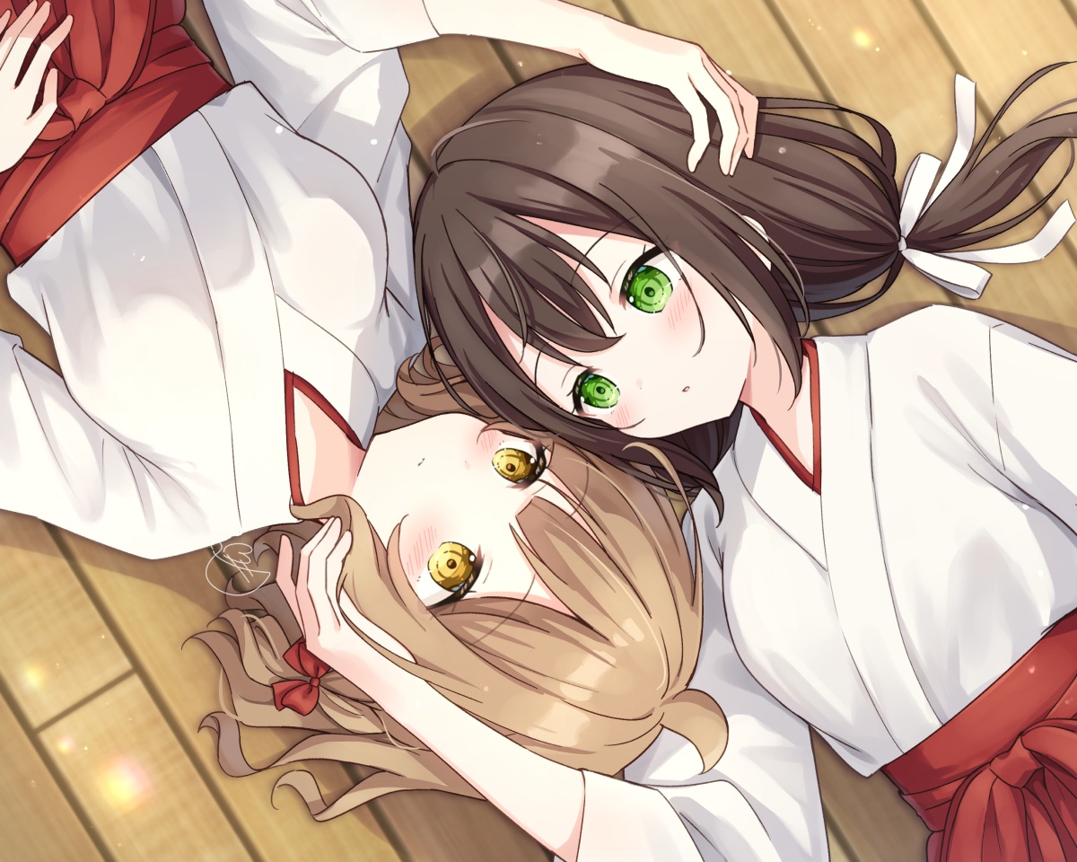 2girls, blush, bow, brown_hair, chiyo_(hanazora_satsuki), green_eyes, hanazora_satsuki, japanese_clothes