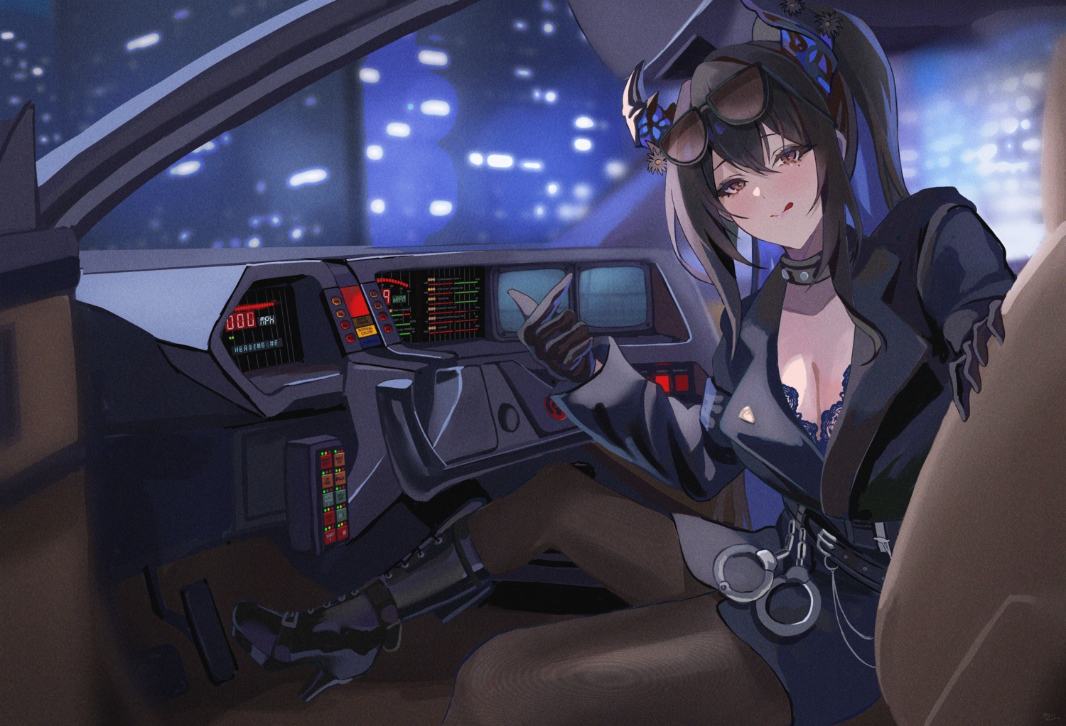 black_hair, breasts, brown_eyes, building, car, choker, city, cleavage