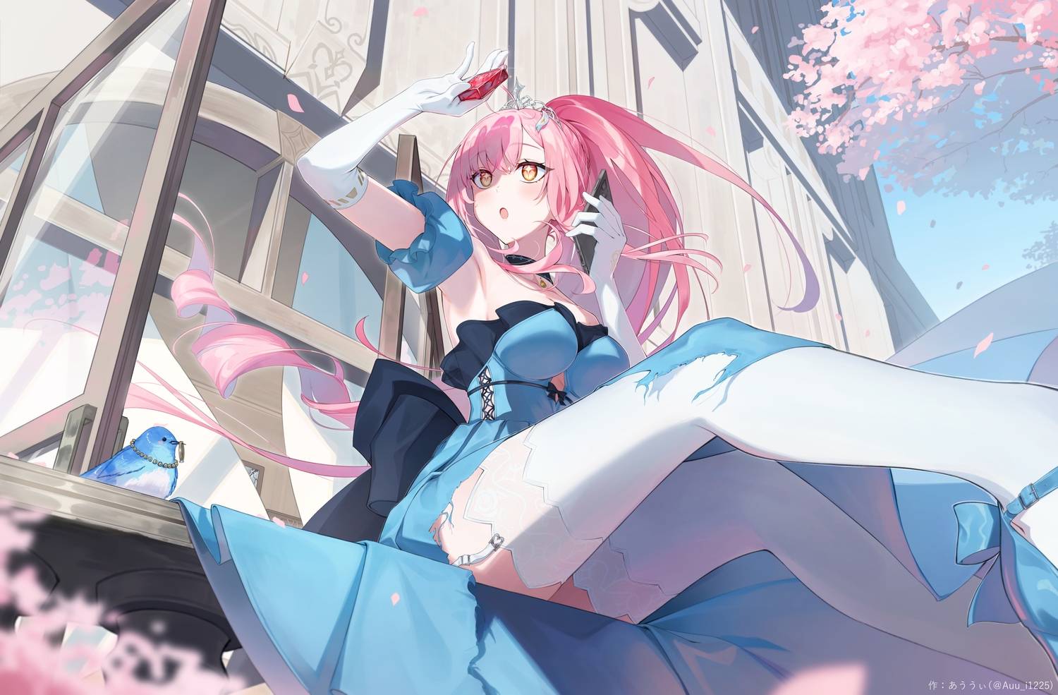 aemeath_(wuthering_waves), animal, auui, bird, cherry_blossoms, dress, elbow_gloves, flowers