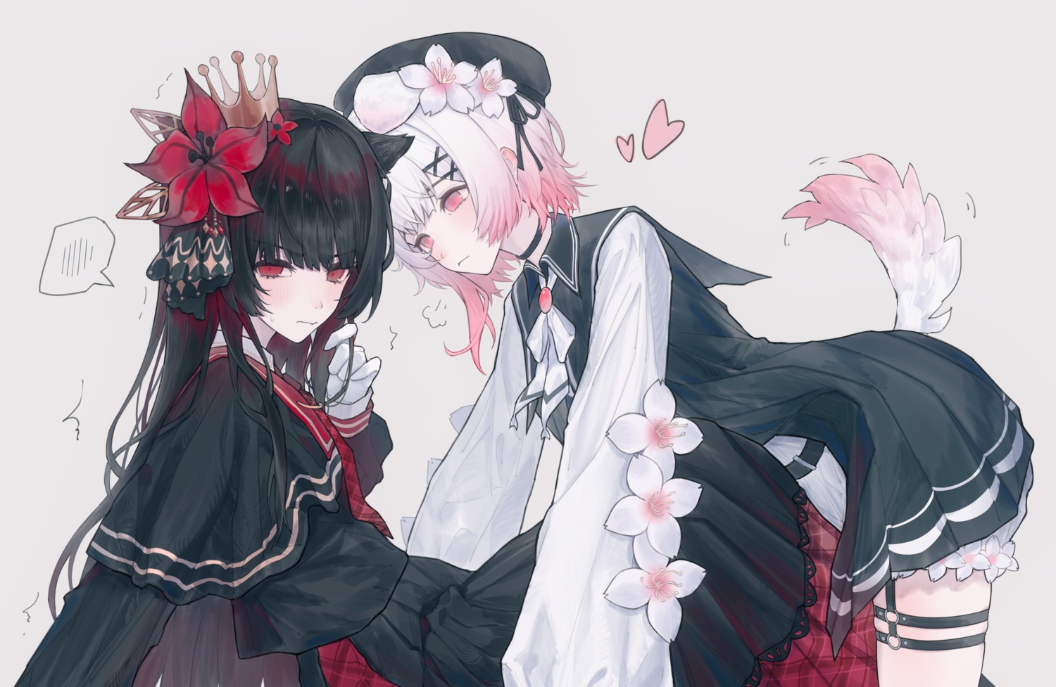 2girls, animal_ears, black_hair, blush, bow, cape, catgirl, choker