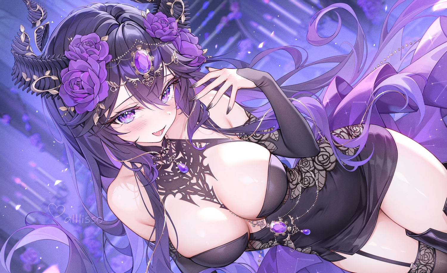 alllisso, black_hair, blush, breasts, cleavage, demon, dress, fang, flowers, garter_belt, horns, indie_virtual_youtuber, long_hair, no_bra, purple, purple_eyes, rose, stockings, unjaded_(vtuber), watermark, zettai_ryouiki