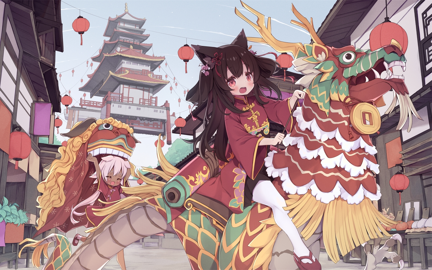 2girls, animal_ears, arashiya, blush, brown_hair, building, chinese_clothes, chinese_dress