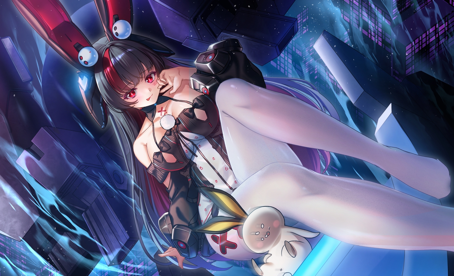 animal_ears, black_hair, blush, bunny, bunny_ears, daiblos_core, long_hair, no_bra, pantyhose, red_eyes, rukinya_(nyanko_mogumogu), ushuaia_(daiblos_core)