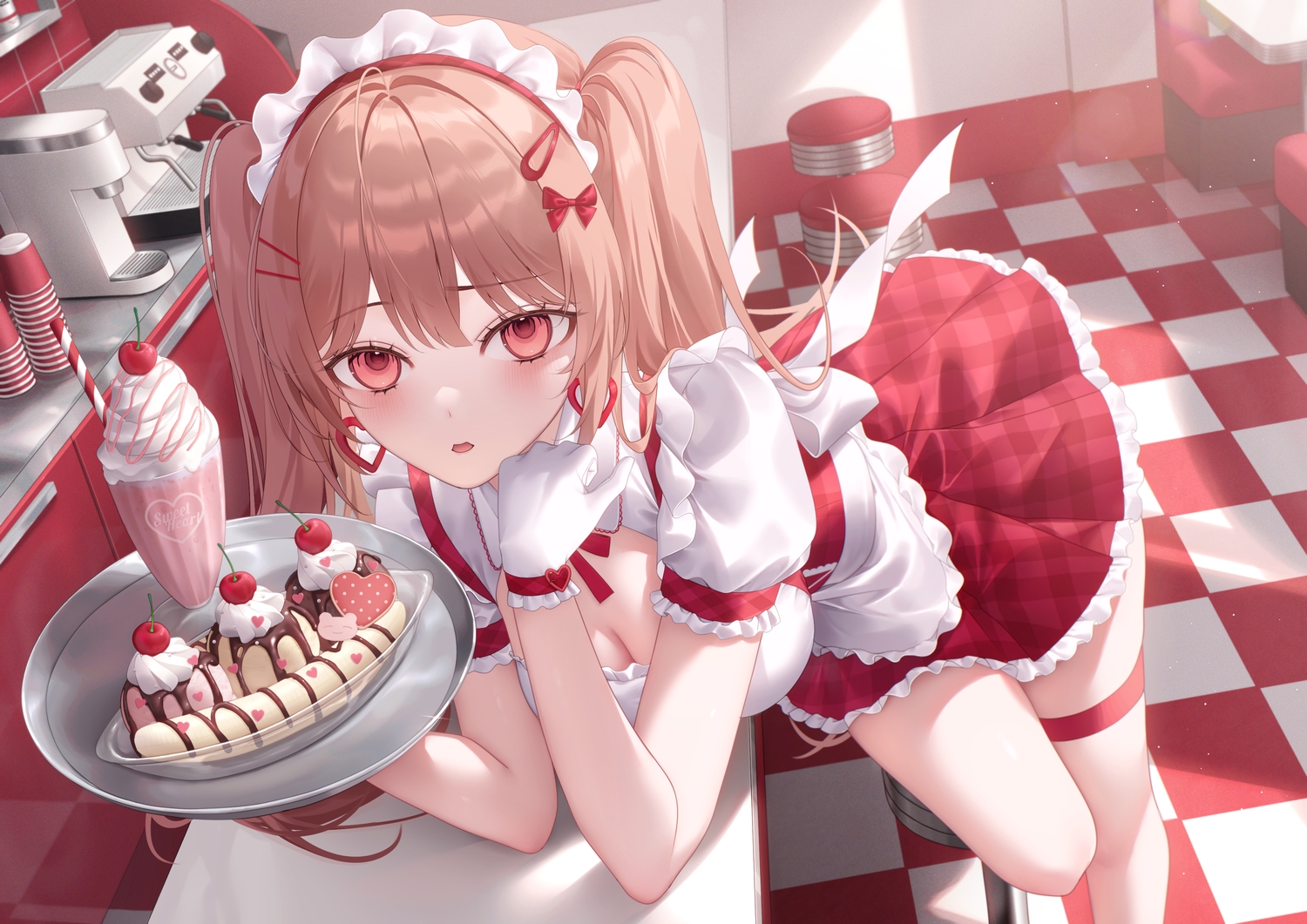 blush, bow, breasts, brown_hair, cherry, cleavage, drink, food