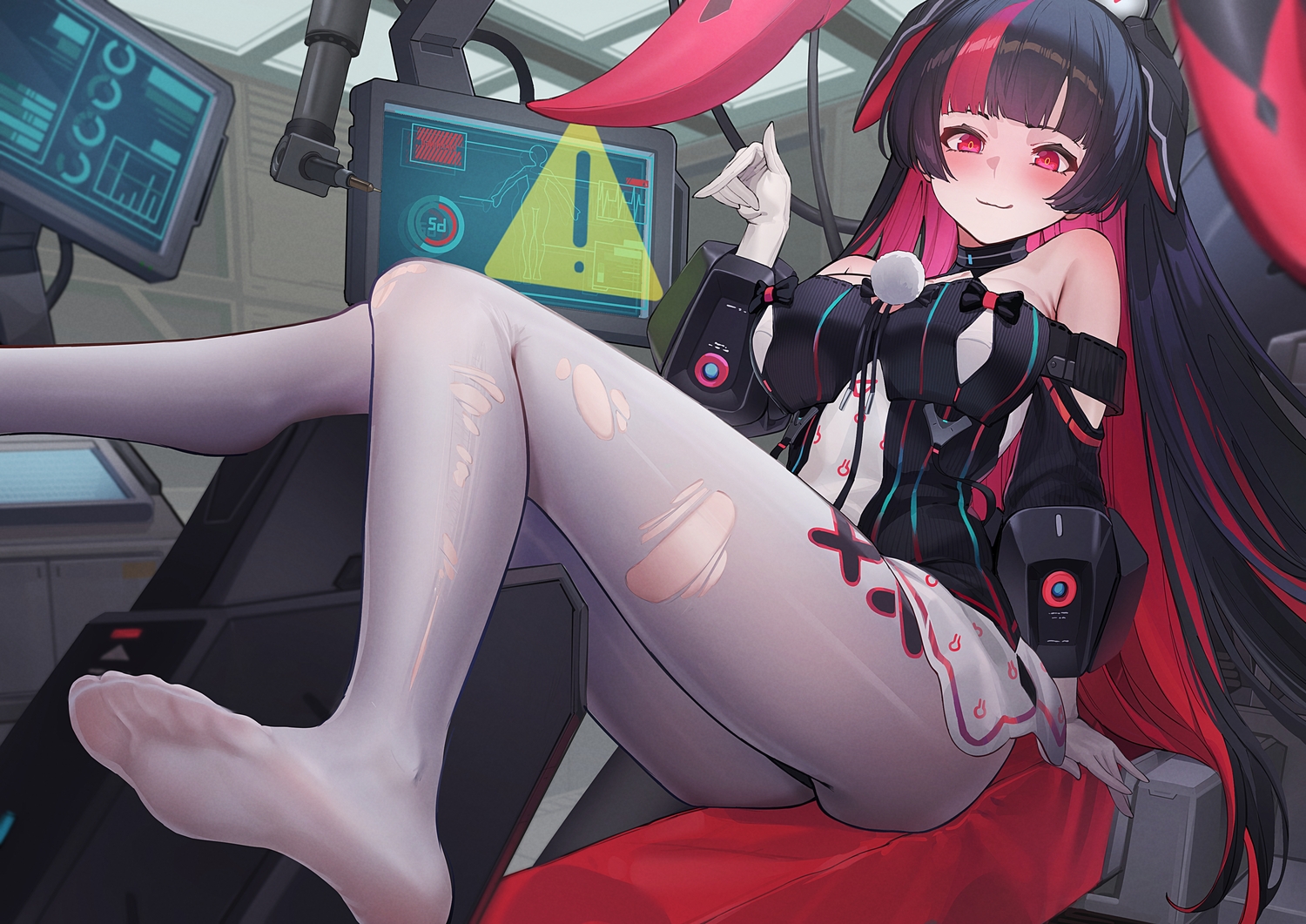 animal_ears, black_hair, blush, bunny_ears, c-eye, computer, daiblos_core, long_hair