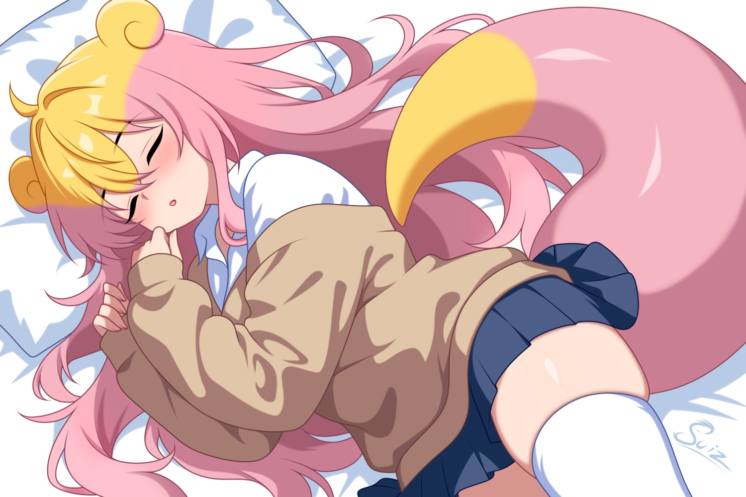 anthropomorphism, bed, blush, gyaru_slowpoke, long_hair, pink_hair, pokemon, school_uniform