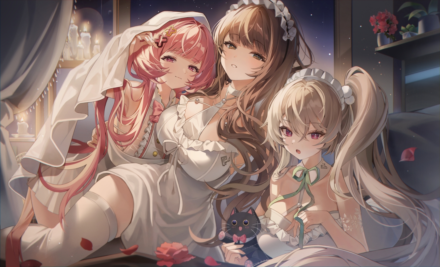 bow, breasts, brown_hair, cleavage, daiblos_core, dress, flowers, gray_hair