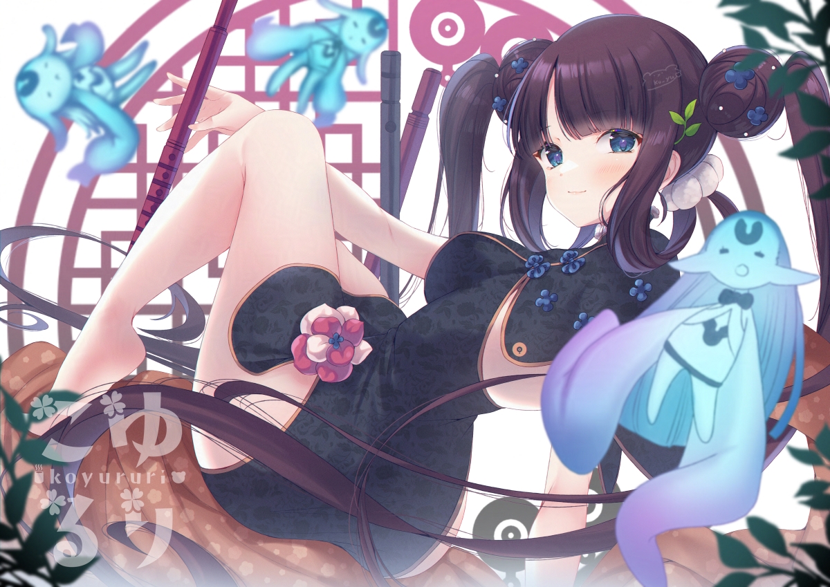 barefoot, blue_eyes, blush, brown_hair, chinese_clothes, chinese_dress, dress, fate/grand_order