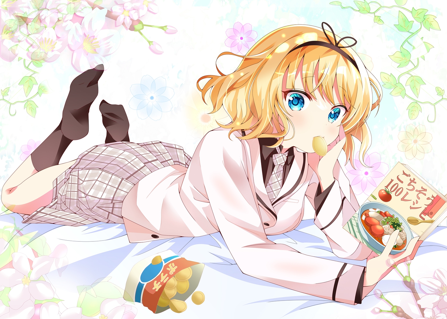 aqua_eyes, blonde_hair, book, flowers, food, gochuumon_wa_usagi_desu_ka?, headband, kirima_sharo