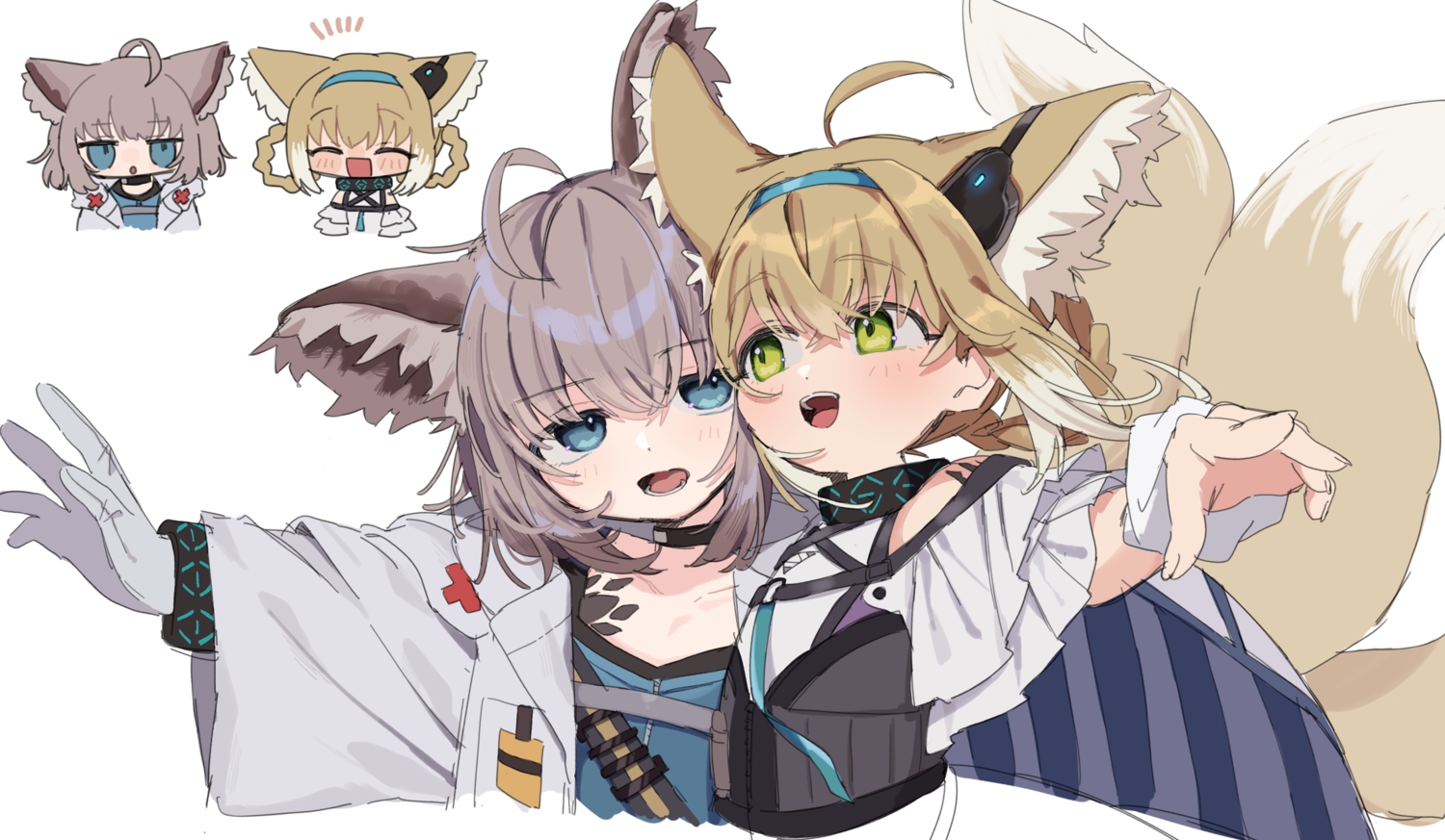 2girls, animal_ears, arknights, blonde_hair, blue_eyes, braids, chibi, choker, dress, foxgirl, gray_hair, green_eyes, headband, loli, multiple_tails, saku_(saku_3193), short_hair, sketch, sussurro_(arknights), suzuran_(arknights), tail, white