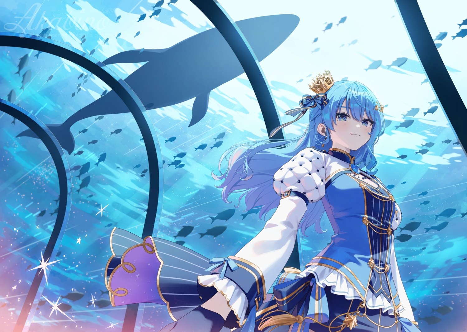 akabino, animal, blue_eyes, blue_hair, bow, crown, fish, gloves