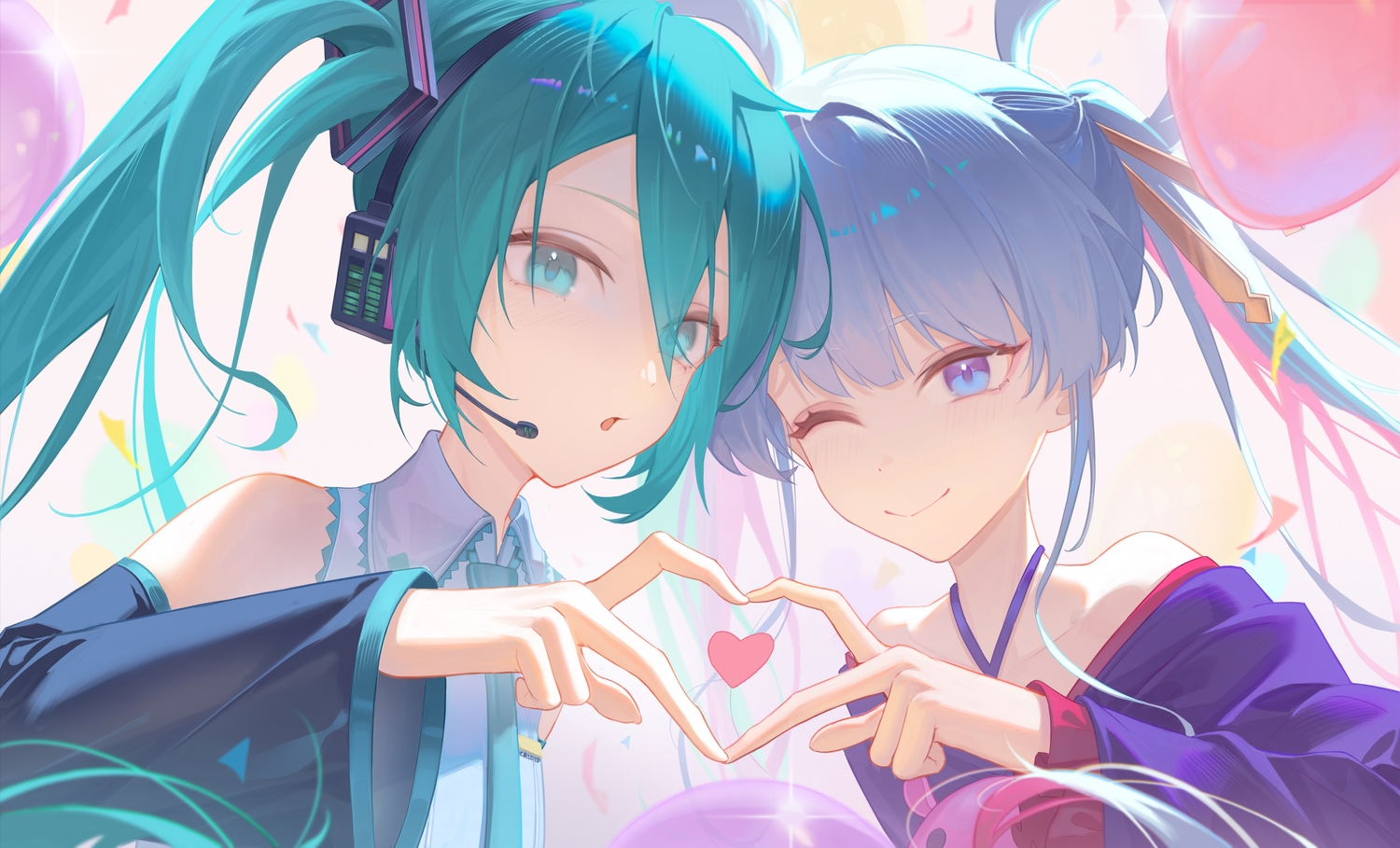 2girls, aqua_eyes, aqua_hair, blue_eyes, cho_kaguya-hime!, close, crossover, gray_hair