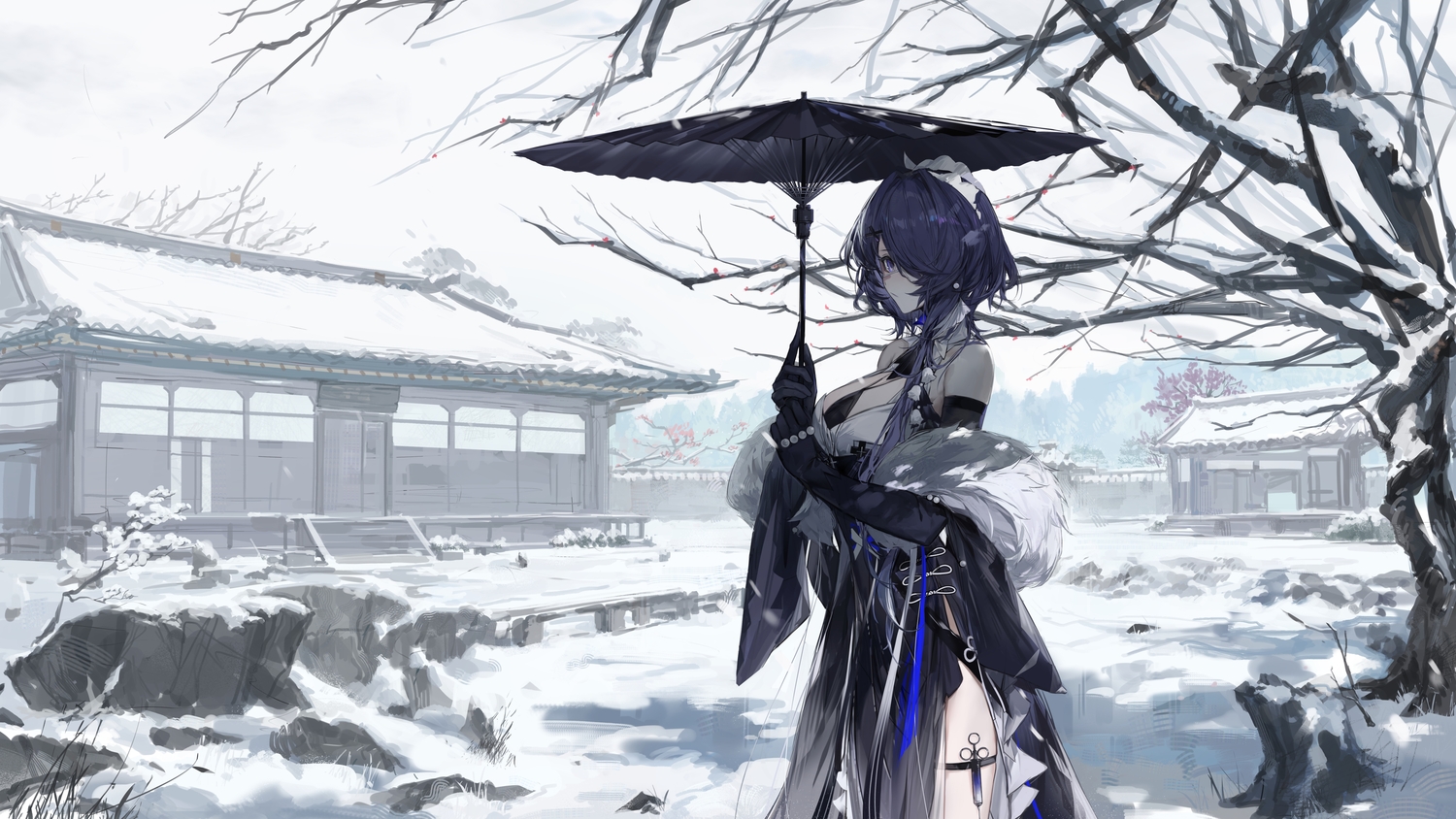 arknights, building, dress, eyepatch, garter, gloves, grass, headband