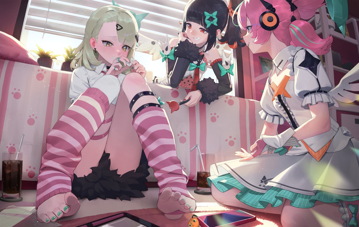 angel, aria_(zenless_zone_zero), bed, black_hair, bow, coierah, drink, garter