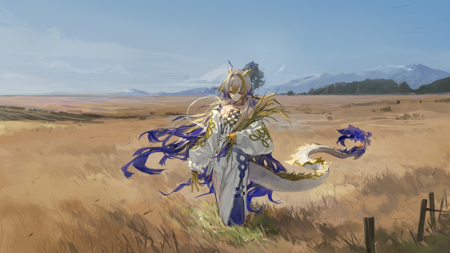 arknights, clouds, grass, gray_hair, green_eyes, horns, landscape, long_hair