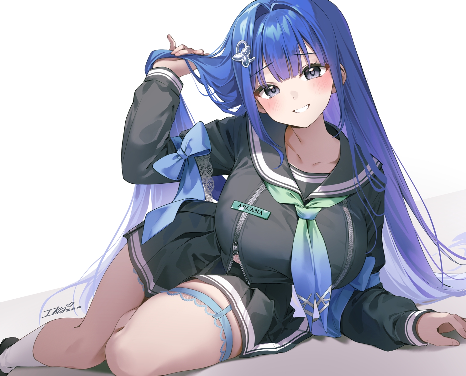 arcana_(nikke), blue_hair, blush, bow, breasts, garter, goddess_of_victory:_nikke, gray_eyes, ika_(4801055), kneehighs, long_hair, school_uniform, shirt, signed, skirt, white