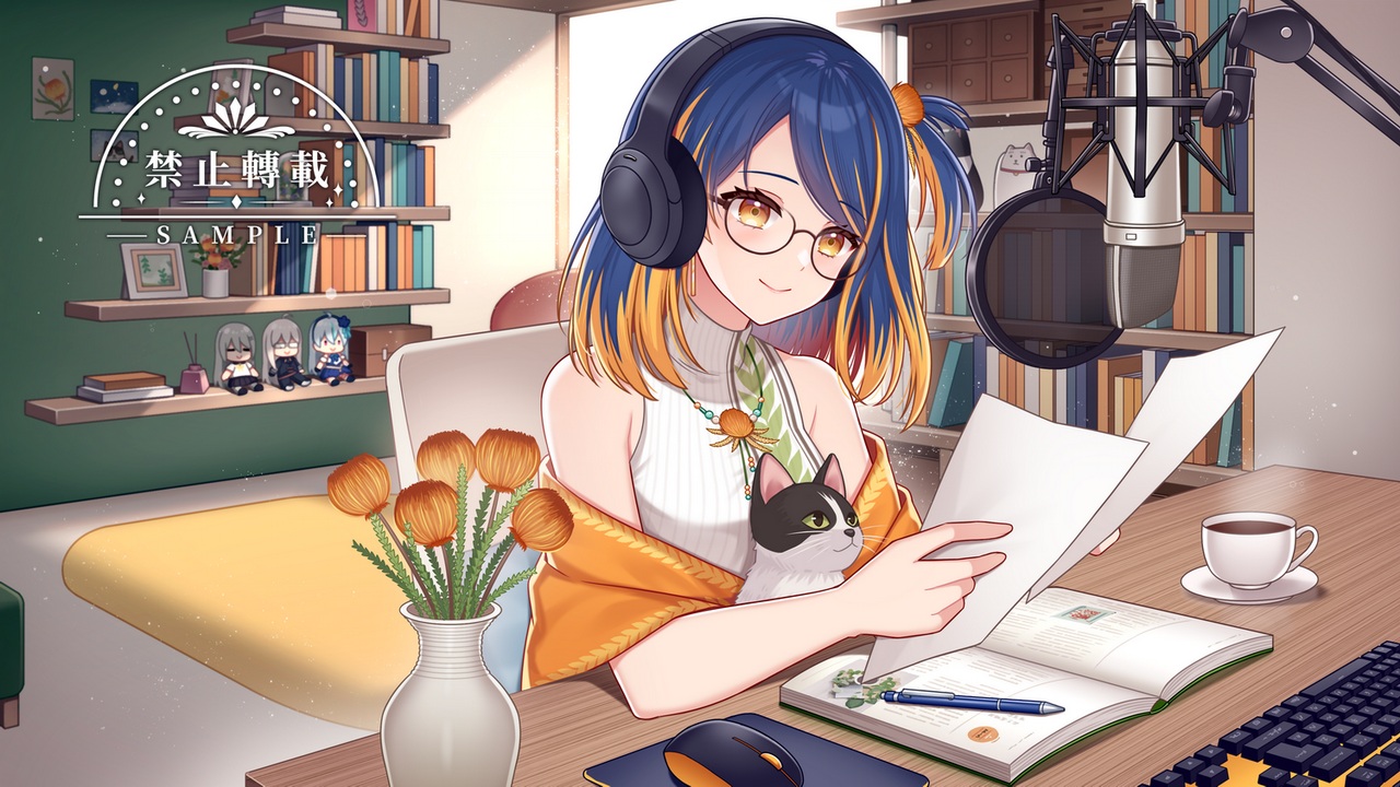 animal, blue_hair, book, cat, computer, drink, flowers, glasses