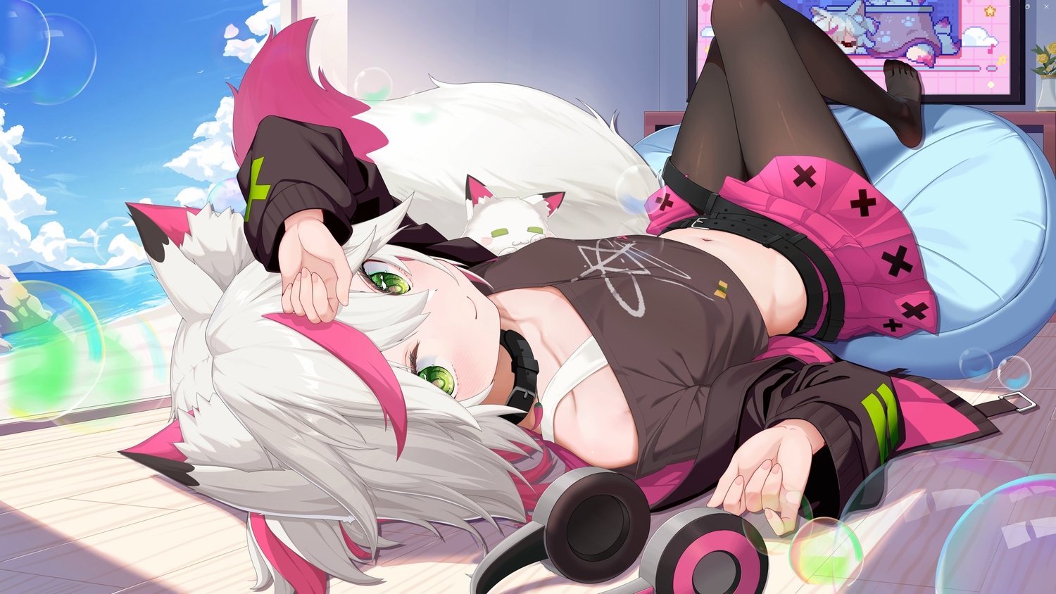 animal_ears, beach, bubbles, clouds, collar, foxgirl, gray_hair, green_eyes