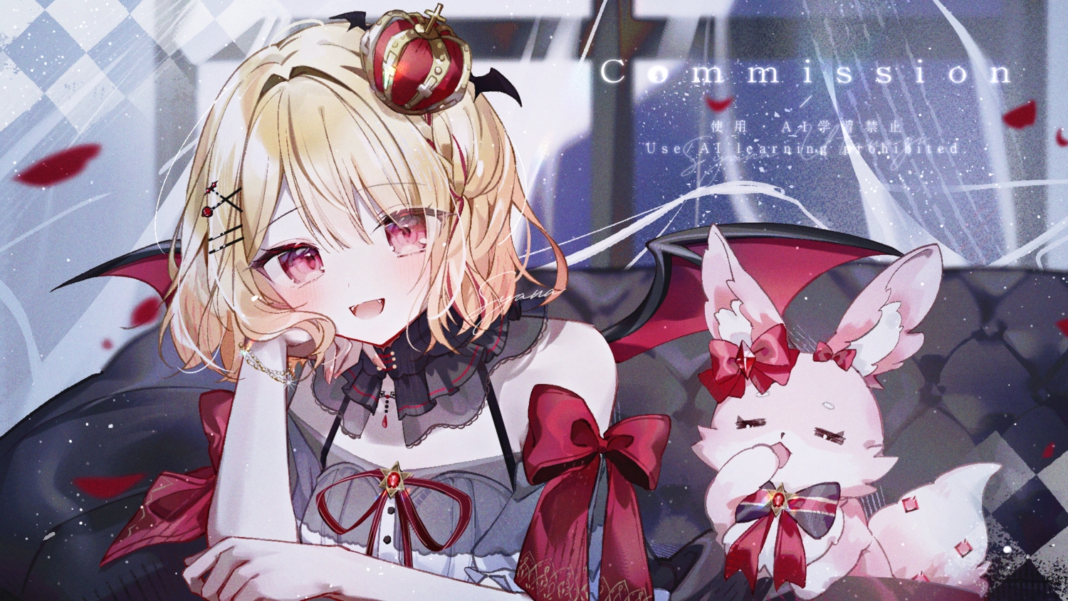 aliasing, animal, blonde_hair, bow, crown, fang, indie_virtual_youtuber, pink_eyes