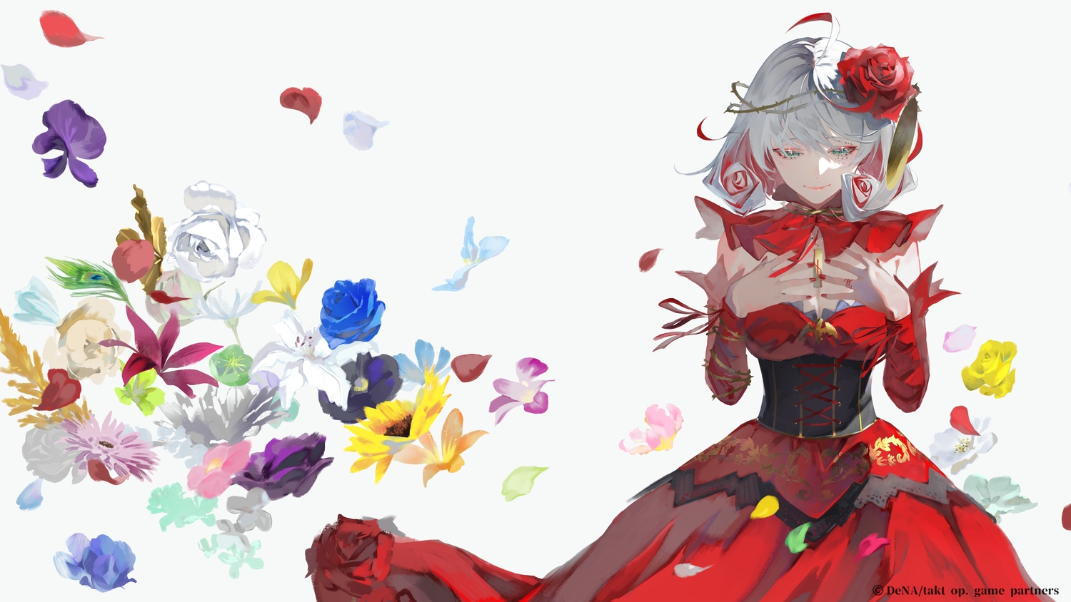 anna_schneider, aqua_eyes, breast_hold, breasts, cleavage, corset, destiny_(takt_op.), dress