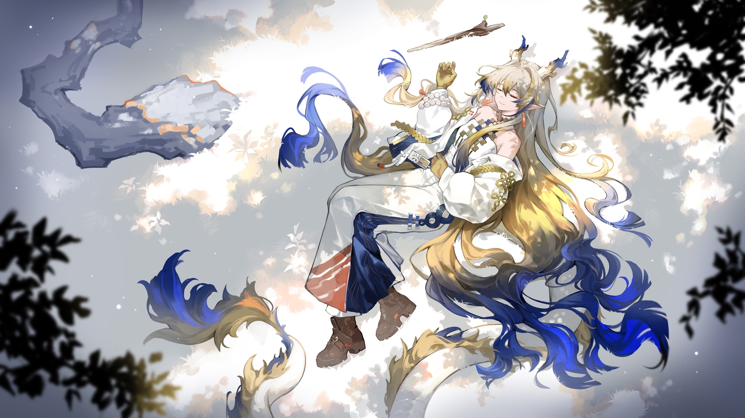 arknights, boots, grass, gray_hair, horns, leaves, long_hair, nanxianyiduan