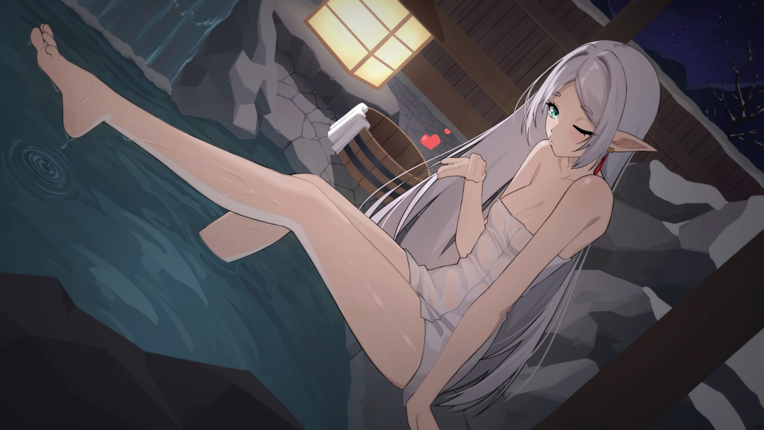 aqua_eyes, barefoot, breasts, cleavage, frieren, gray_hair, heart, long_hair