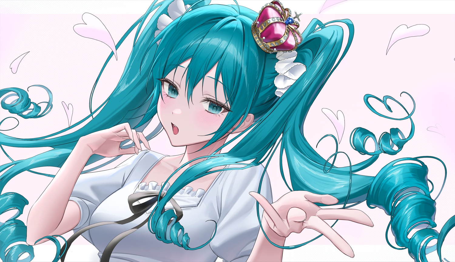 aqua_eyes, aqua_hair, blush, bow, close, crown, hatsune_miku, heart, idasu_(hyun9164), long_hair, ribbons, twintails, vocaloid, world_is_mine_(vocaloid)