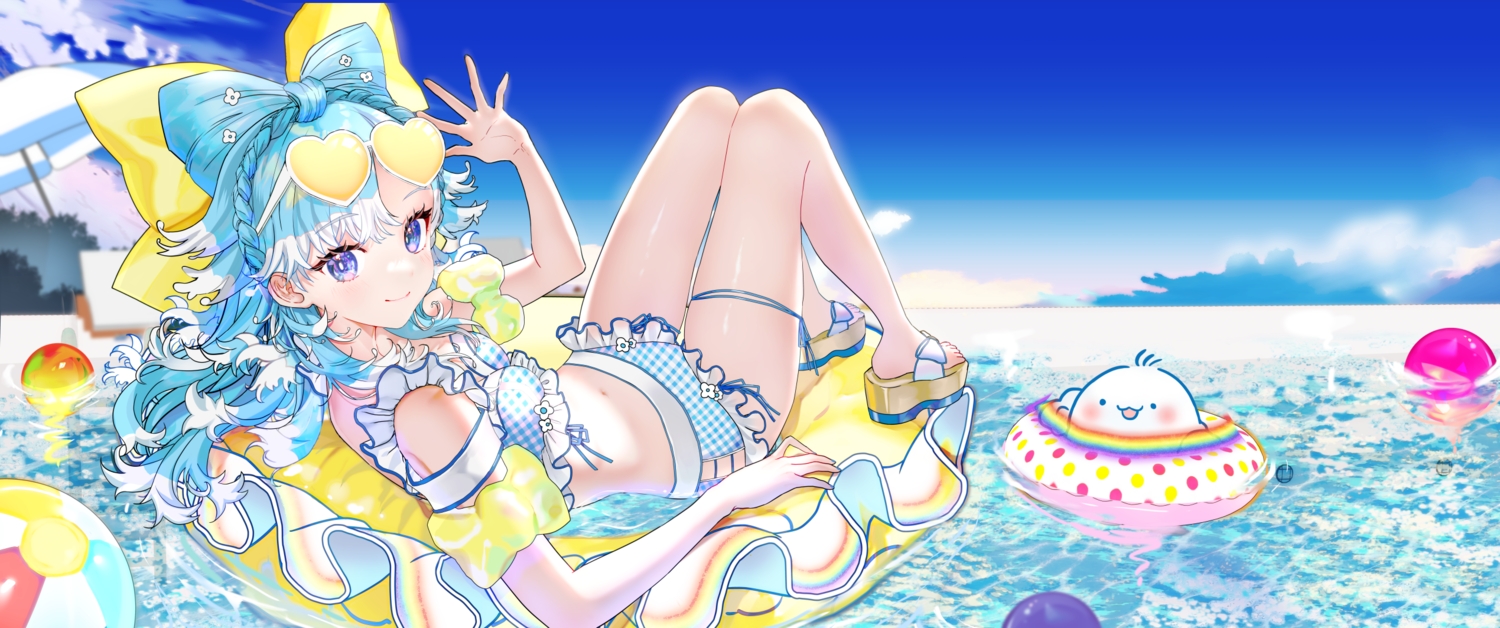 ball, bikini, bow, clouds, garter, hololive, kobo_kanaeru, long_hair
