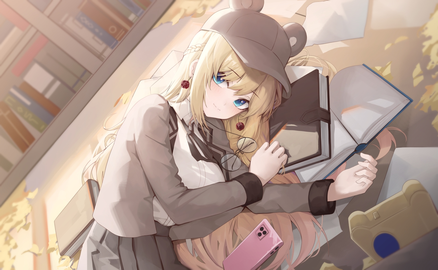 animal_ears, aqua_eyes, blonde_hair, blush, book, braids, close, glasses