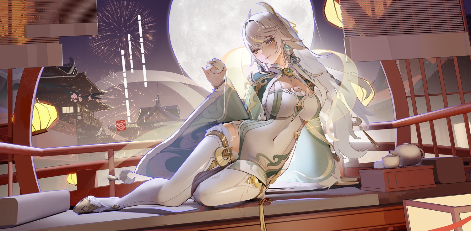 building, drink, fireworks, genshin_impact, gray_hair, horns, long_hair, moon