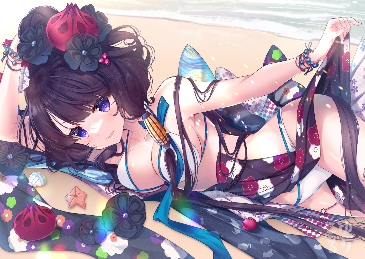 beach, bikini, black_hair, breasts, cleavage, fate/grand_order, fate_(series), japanese_clothes