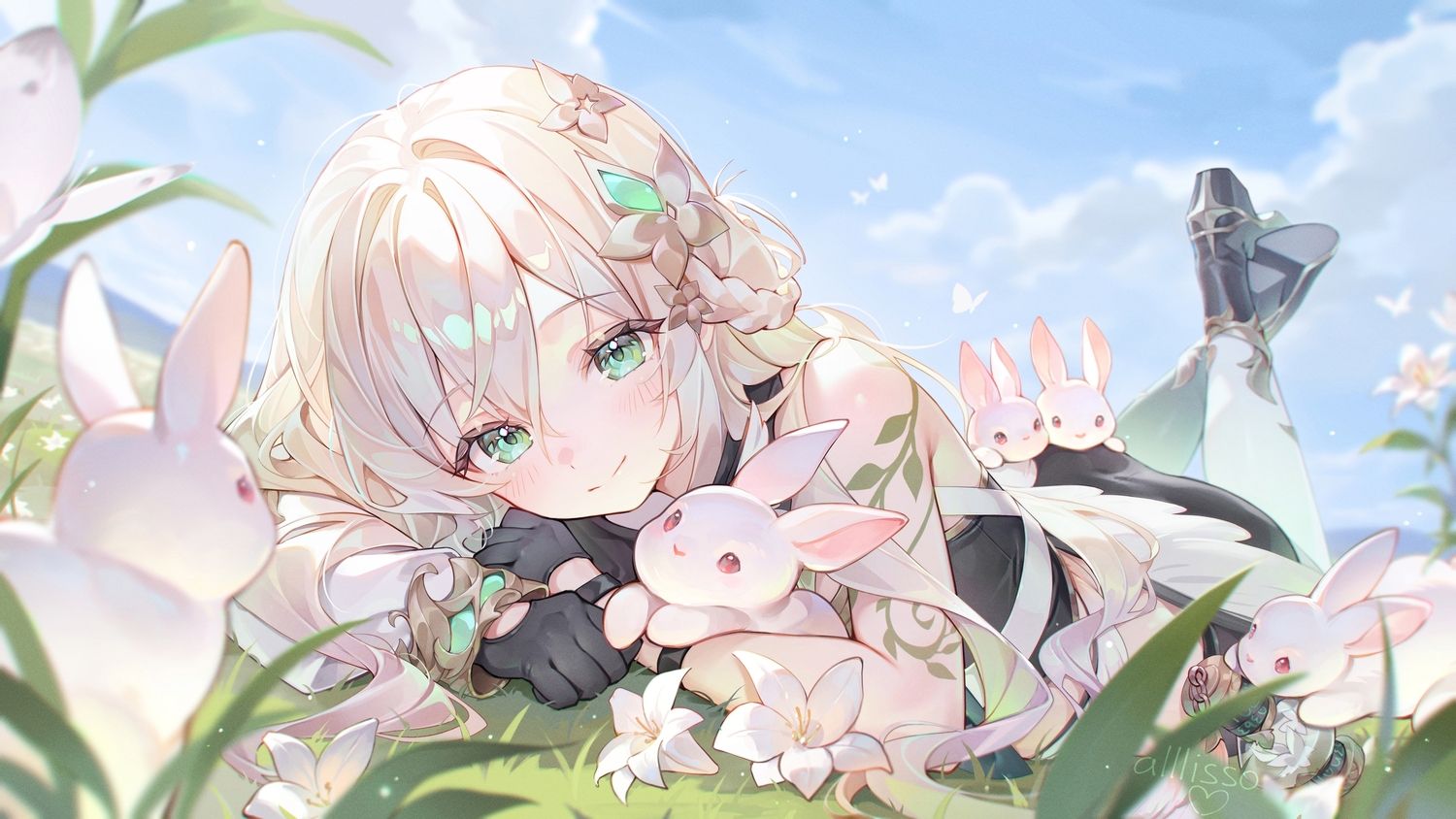 alllisso, animal, blush, boots, braids, close, clouds, flowers, gloves, grass, gray_hair, green_eyes, long_hair, rabbit, sky, tattoo, watermark