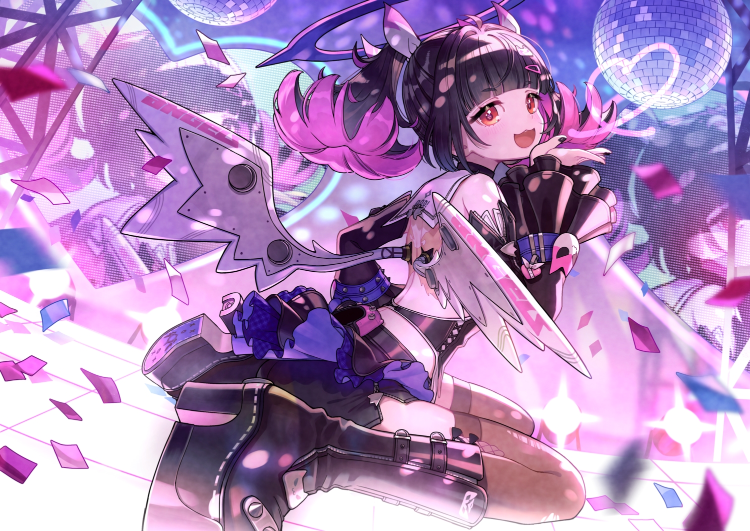 angel, black_hair, blush, boots, cat_smile, cherico, choker, halo