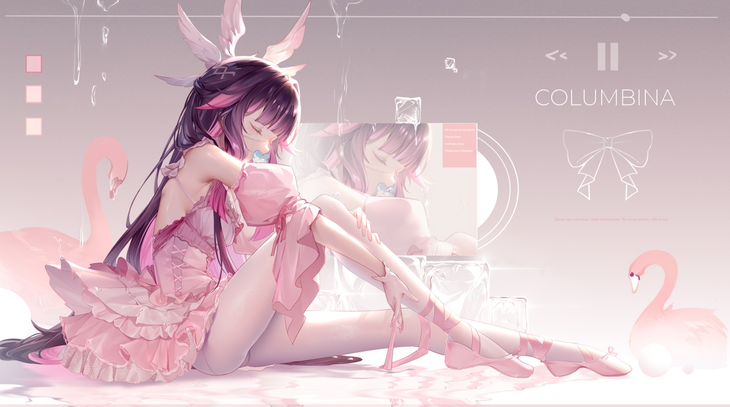 black_hair, columbina_(genshin_impact), dress, genshin_impact, gradient, guzangnanfeng, long_hair, mask, pantyhose, ribbons, wings